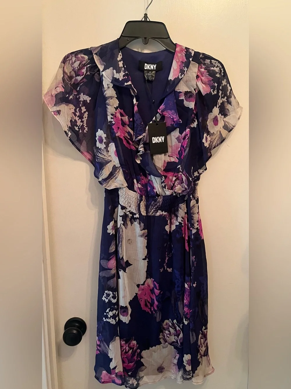 NWT—DKNY Navy Floral Ruffle Faux-Wrap Short Dress—Sz 6P